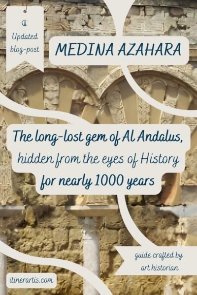 Medina Azahara, Córdoba, Spain. A stunning view of the ruins of the grand medieval city, once the palace of the Caliphate of Córdoba, showcasing intricate architecture and sweeping landscapes. Crafted by an art historian to highlight its historical and artistic significance.