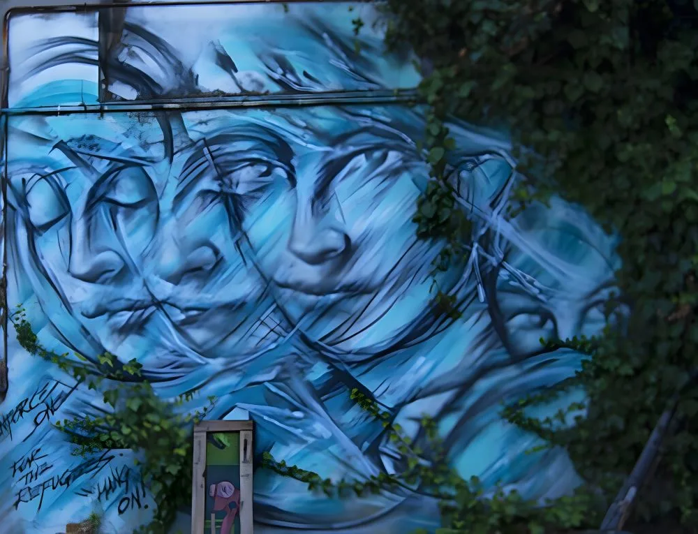 Blue mural at CSA la Tabacalera, a free Cultural Centre in Madrid.