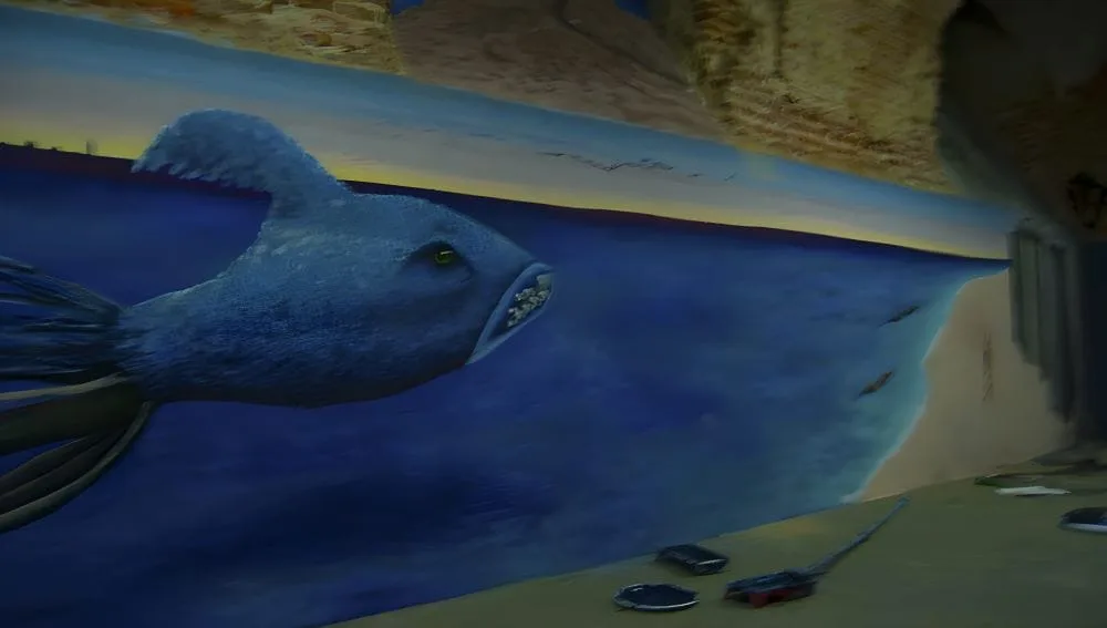 Graffiti artwork featuring a shark at CSA La Tabacalera, Madrid, Spain. This striking piece exemplifies the bold and expressive street art found within the self-managed social center, blending urban creativity with powerful imagery.