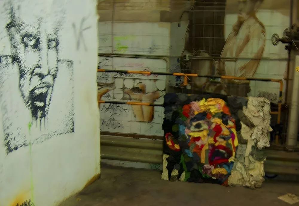 Artwork made from recycled materials at CSA La Tabacalera, Madrid, Spain. This piece exemplifies the center’s commitment to sustainability and creative reuse, transforming discarded objects into meaningful artistic expressions.