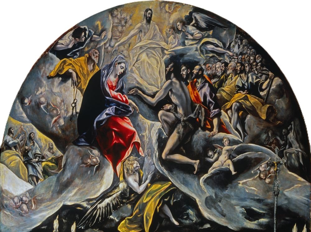 El Greco: The Burial of the Count of Orgaz (1586–1588), Church of Santo Tomé, Toledo, Spain [Heavenly Part]. Credit: Egiptologoespaol. Licensed under CC BY-SA 4.0.