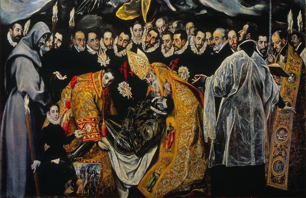 El Greco: The Burial of the Count of Orgaz (1586–1588), Church of Santo Tomé, Toledo, Spain [Earthly Part]. Credit: Egiptologoespaol. Licensed under CC BY-SA 4.0. 
