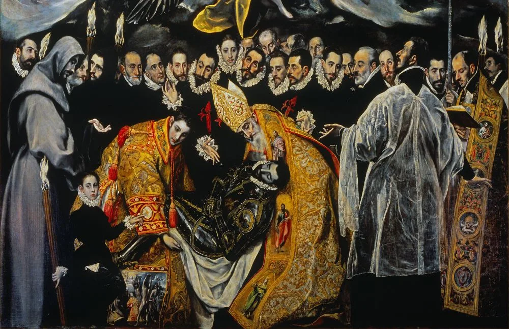El Greco: The Burial of the Count of Orgaz (1586–1588), Church of Santo Tomé, Toledo, Spain [Earthly Part]. Credit: Egiptologoespaol. Licensed under CC BY-SA 4.0. 