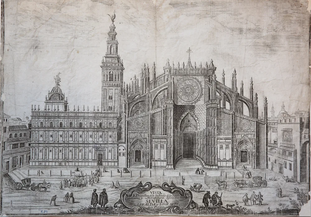 Pedro Tortolero: Historical view of the western façade of the cathedral in (1738) engraving, Old Collection of the Library of the University of Seville from Seville, Spain 