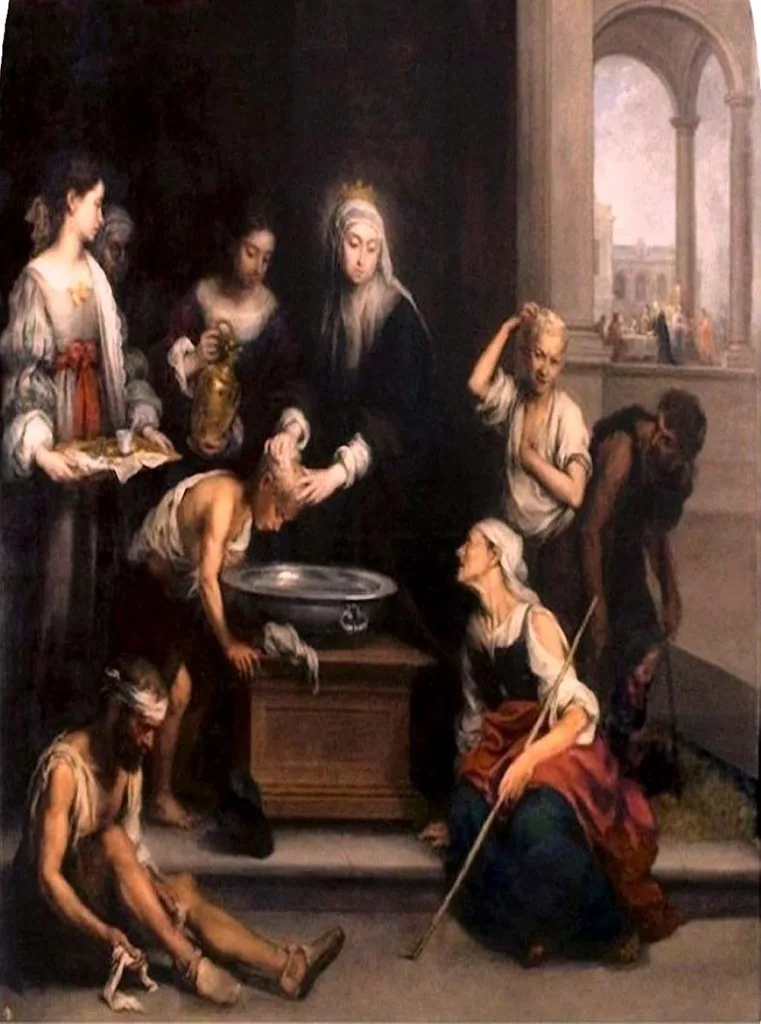 Bartolomé Esteban Murillo: Saint Elizabeth of Hungary Curing the Dyers (c. 1672) oil on canvas, Church of St. George (Hospital de la Caridad), Seville, Spain.
