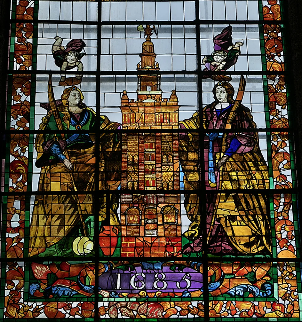 Juan Bautista de León: Stained glass window of Saints Justa and Rufina, restored by Diego Muñoz del Castillo (1656-1685), Chapel of San Antonio, Seville Cathedral.