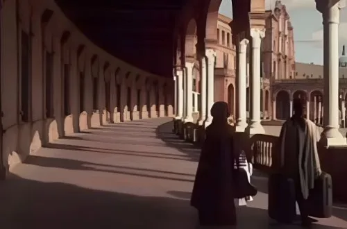 Seville's Plaza de España transforms into the planet Naboo in 'Star Wars: Episode II – Attack of the Clones', showcasing its Renaissance beauty as a backdrop for intergalactic diplomacy.