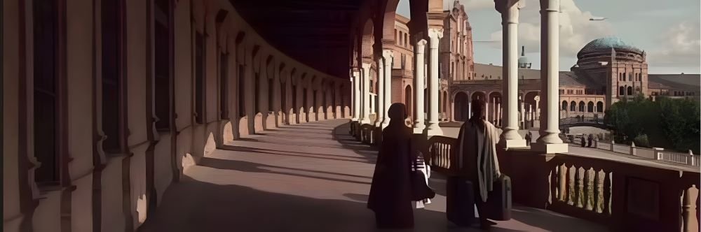 Seville's Plaza de España transforms into the planet Naboo in 'Star Wars: Episode II – Attack of the Clones', showcasing its Renaissance beauty as a backdrop for intergalactic diplomacy.