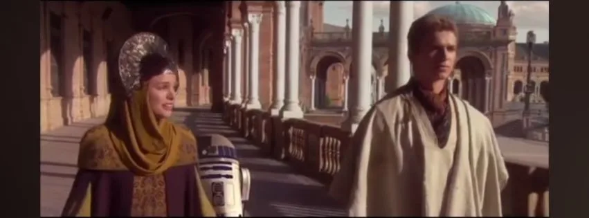 In this still from 'Star Wars: Episode II – Attack of the Clones', Seville's Plaza de España is seamlessly transformed into the regal vistas of planet Naboo, radiating with elegance and heritage in a galaxy far, far away.
