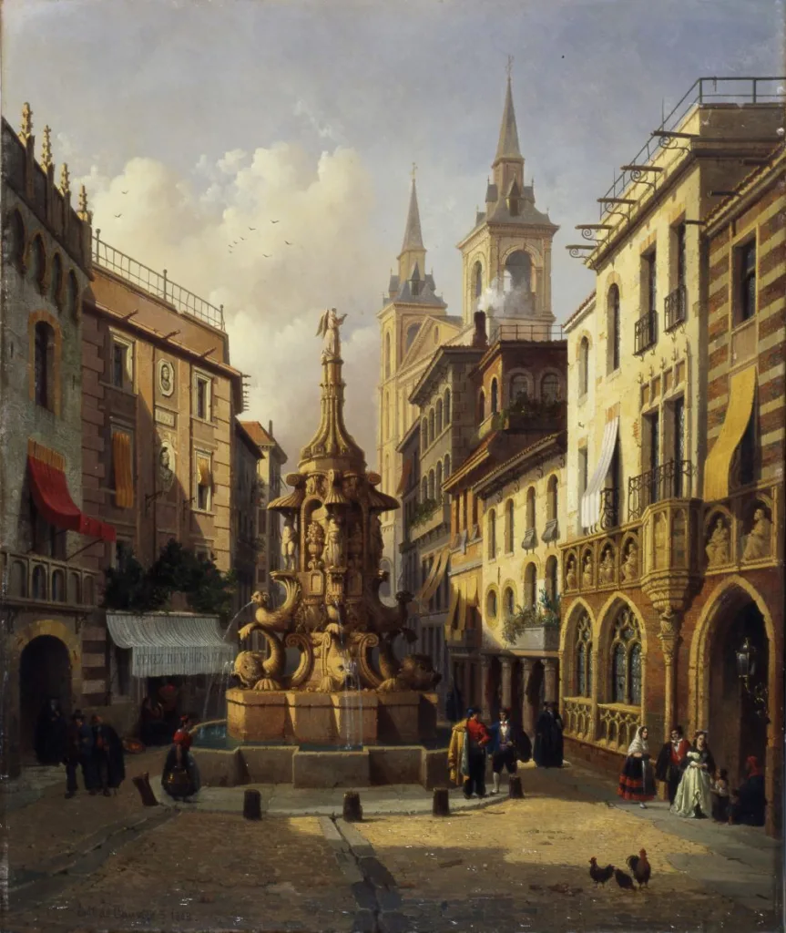 Emile Pierre Joseph De Cauwer: Anton Martin Square with the Fountain of Fame (1863) oil on canvas, Madrid History Museum.