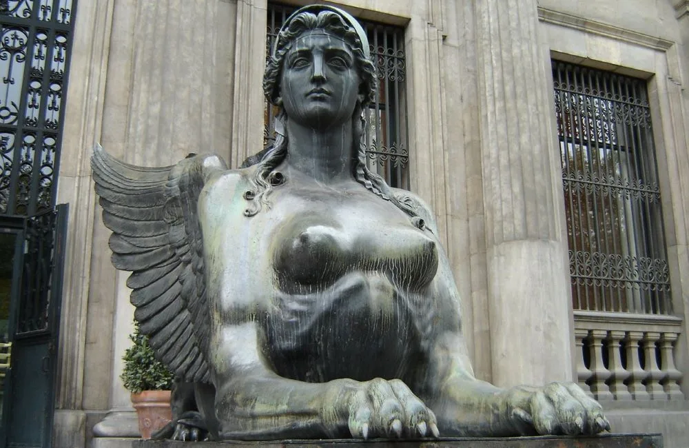 Statue of a Sphinx Guarding the Entrance to the National Archaeological Museum of Spain.