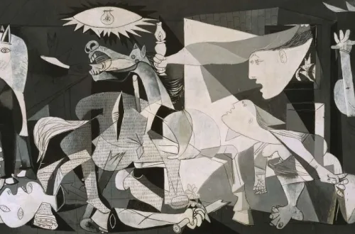 Pablo Picasso: Guernica (1937) oil on canvas, On display in: Sala 205.10, Reina SofÃ­a Museum, Madrid.