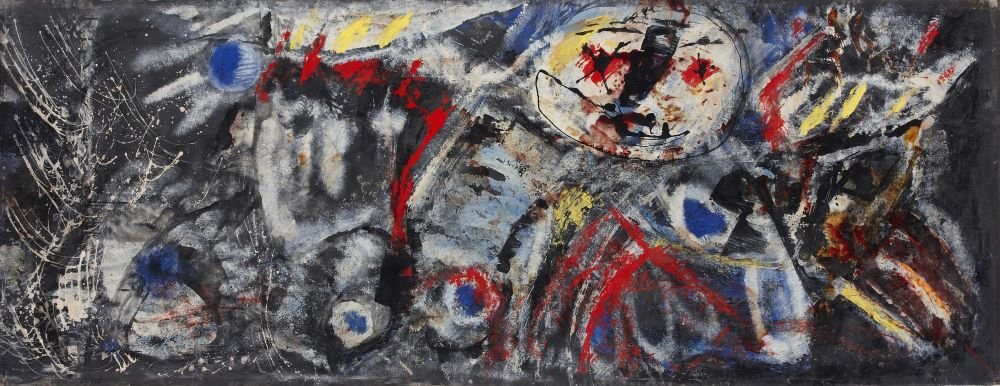 Pinot Gallizio: Anti-Moon (1957) monoprinted oil and acrylic paint, and typographic ink on canvas, Reina Sofía Museum, Madrid.