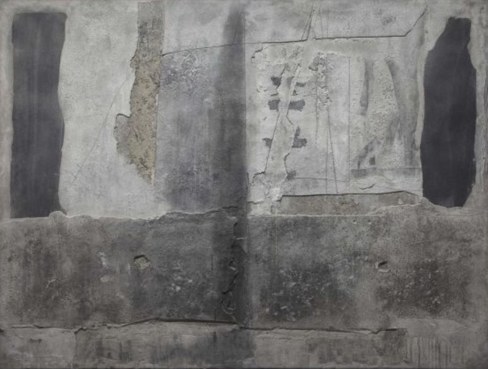 Antoni Tàpies: Superimposition of Grey Matter (1961) oil and cement on canvas glued to wood, Reina Sofía Museum, Madrid.