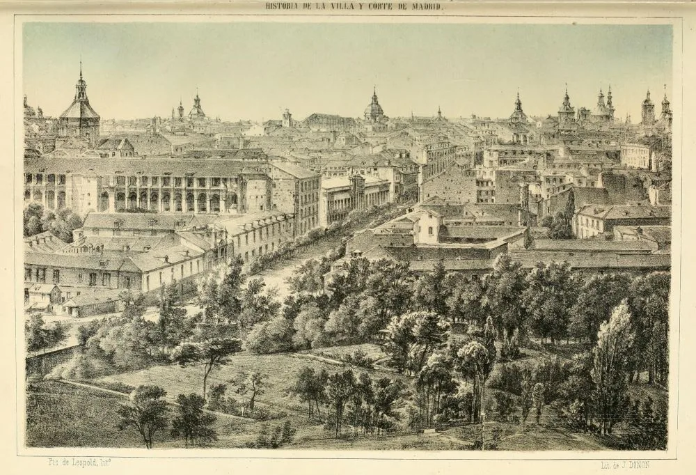 Andreas Pic de Leopold: General View of Madrid (1863). Published in José Amador de los Ríos; Juan de Dios de la Rada y Delgado (1863) History of the Town and Court of Madrid, III, Madrid, p. 2.