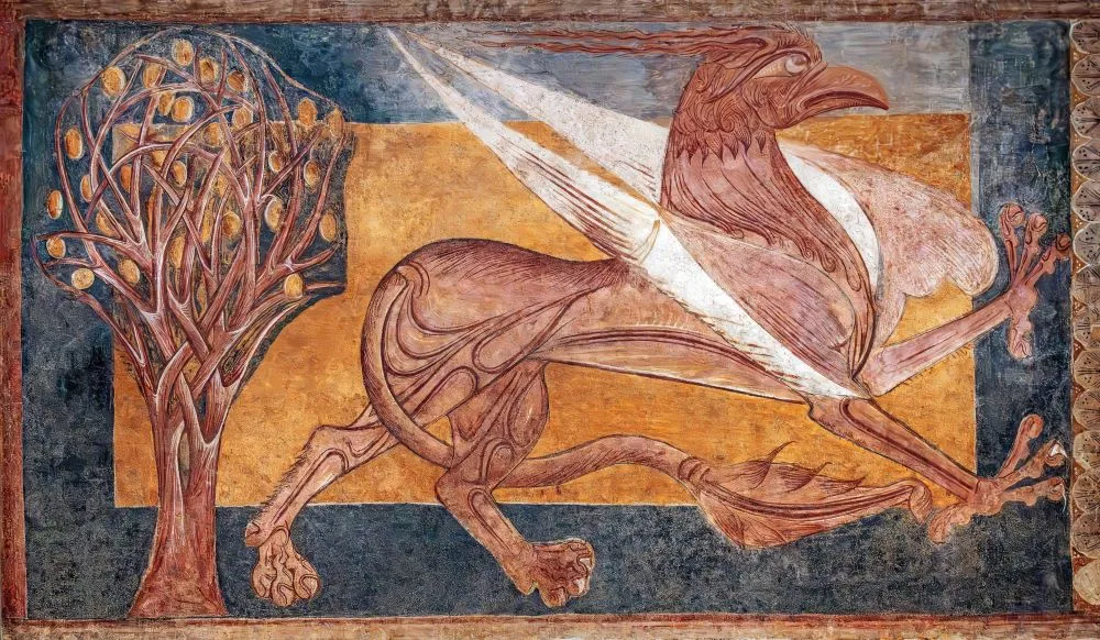 Anonymous: Medieval Griffin from San Pedro de Arlanza, in Castile (first quarter of the 13th century) fresco painting transferred to canvas, MNAC, Barcelona.