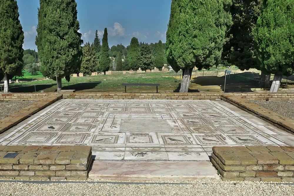 A detailed photograph of the Mosaic of the Domus of the Birds, located within the Roman ruins in Spain at Italica, Santiponce, Seville. This exquisite example of Spanish Roman ruins showcases intricate designs and vibrant patterns, reflecting the artistry of ancient Roman civilization.