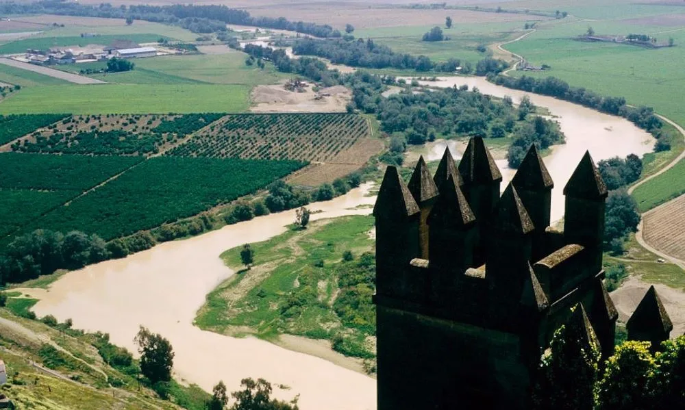 his image presents a stunning view of the Guadalquivir River as seen from the Castle of Almodóvar del Río, located in the picturesque province of Córdoba, Andalusia. The photograph captures the winding river flowing through the fertile valley, with the castle perched high on the hill in the foreground. The image emphasizes the strategic location of the castle, offering breathtaking views of the natural landscape and historical surroundings.