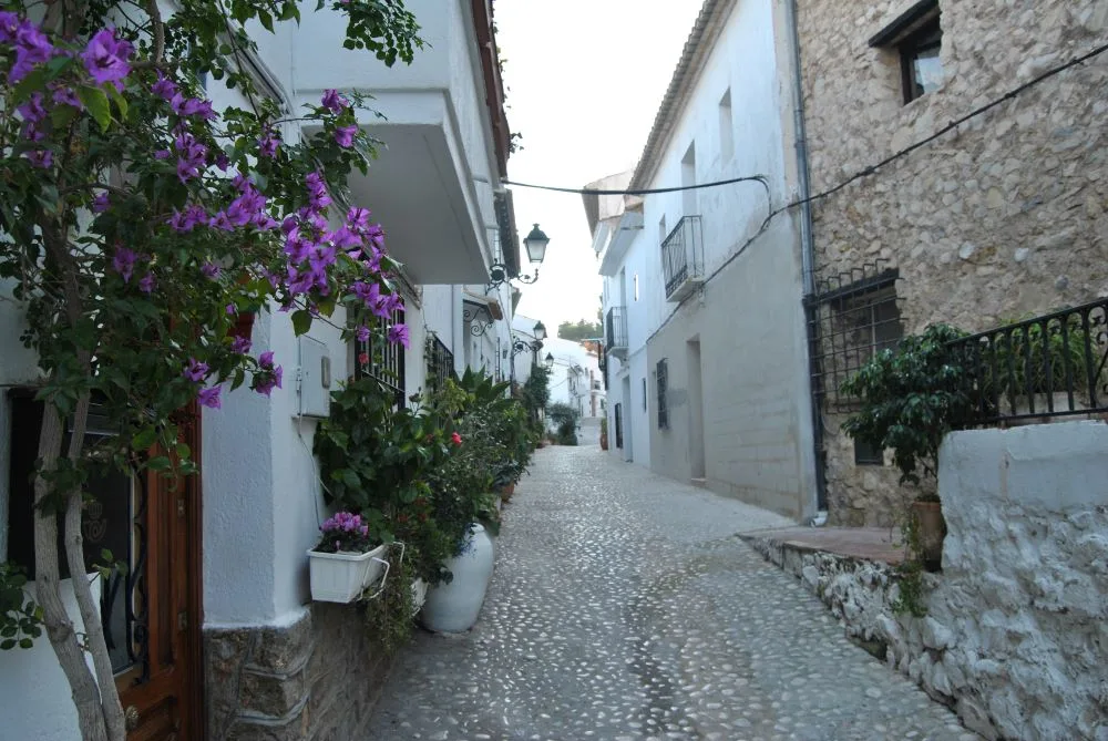 A charming street in Altea, Alicante, Spain, lined with whitewashed buildings, cobblestone pathways, and adorned with Mediterranean-style balconies and potted plants.