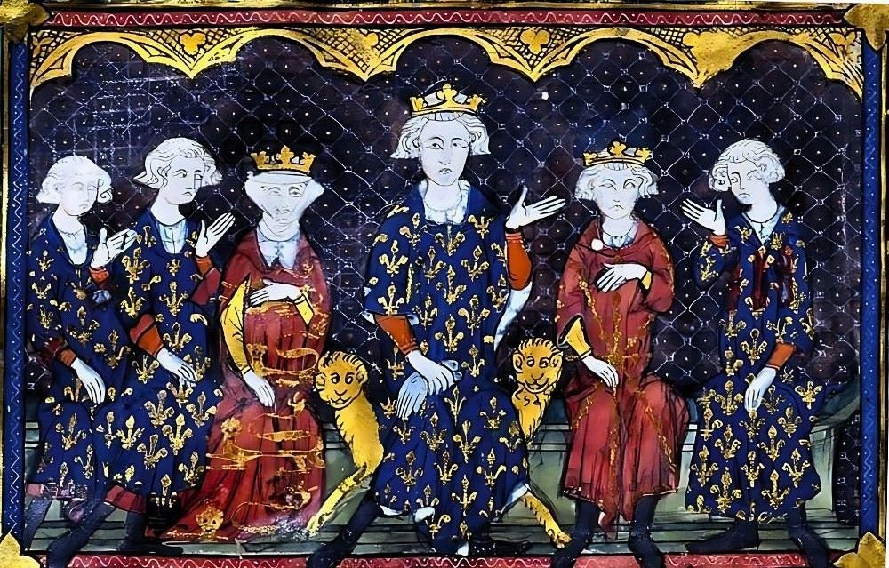 A miniature of Philip IV the Fair and his family, from Bibliothèque nationale de France, MS lat. 8504. The image depicts Philip IV the Fair and his family. From left to right: the king's sons Charles the Fair and Philip the Tall, his daughter Isabella of France (who became the Queen of England through her marriage to Edward II), the king himself, his son Louis the Quarrelsome, and the king's brother Charles de Valois, the father of the future King Philip VI.