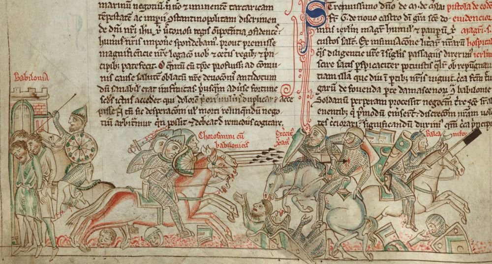 Battle of La Forbie (13th century). Manuscript illustration from Chronica Majora, part 2, by Matthew Paris. Cambridge, Corpus Christi College, MS 016II. Public domain.