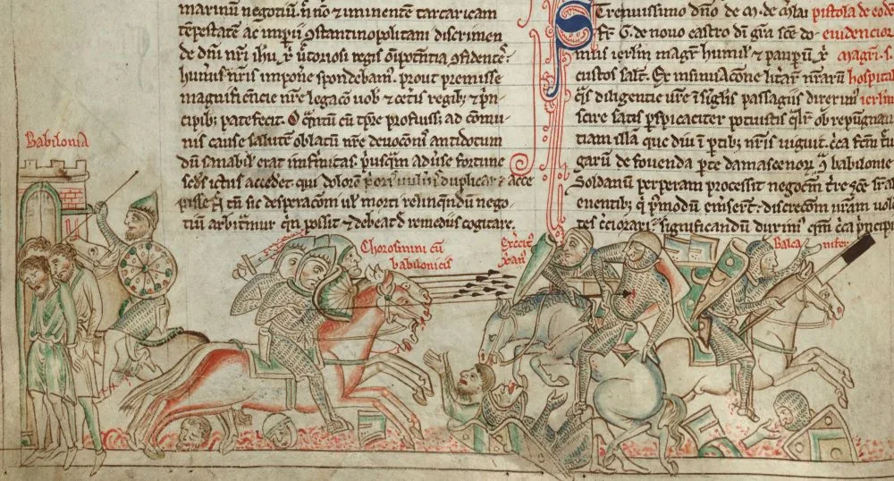 Battle of La Forbie (13th century). Manuscript illustration from Chronica Majora, part 2, by Matthew Paris. Cambridge, Corpus Christi College, MS 016II. Public domain.