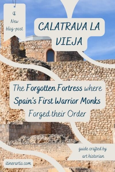 A historic view of Calatrava la Vieja, an ancient fortress in Ciudad Real, Spain, showcasing its medieval walls and rugged landscape. This destination guide, crafted by an art historian, explores its rich past as the birthplace of Spain’s first military order, blending Moorish and Christian architectural influences.