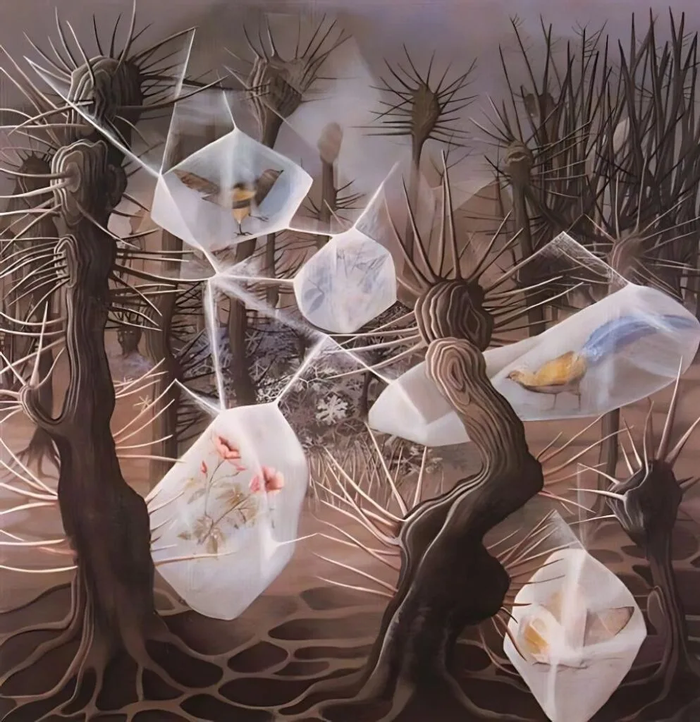 Remedios Varo: Allegory of Winter (Alegoría del invierno, 1948), gouache on paper. Reina Sofía Museum, Madrid.